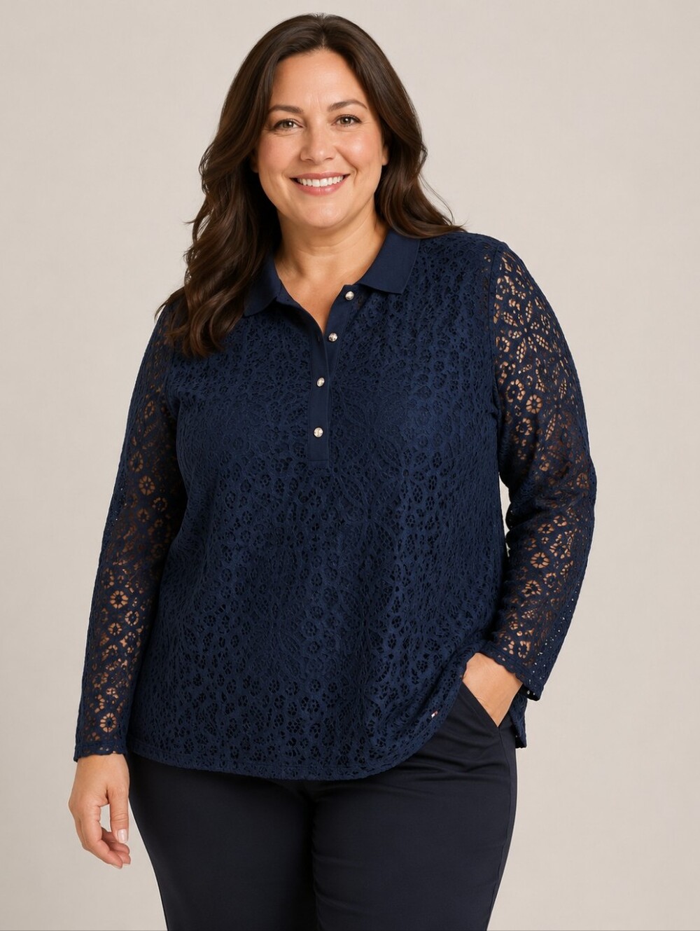 Tommy Hilfiger Cambridge Cay Lace Polo Top Navy Blue - Size 0X